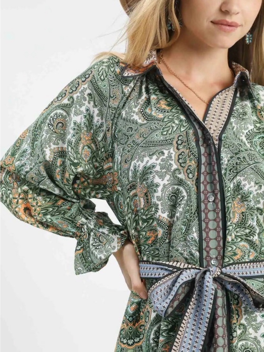 Green Paisley Long-Sleeve Shirt Dress with Tie Belt - Picture 2 of 3